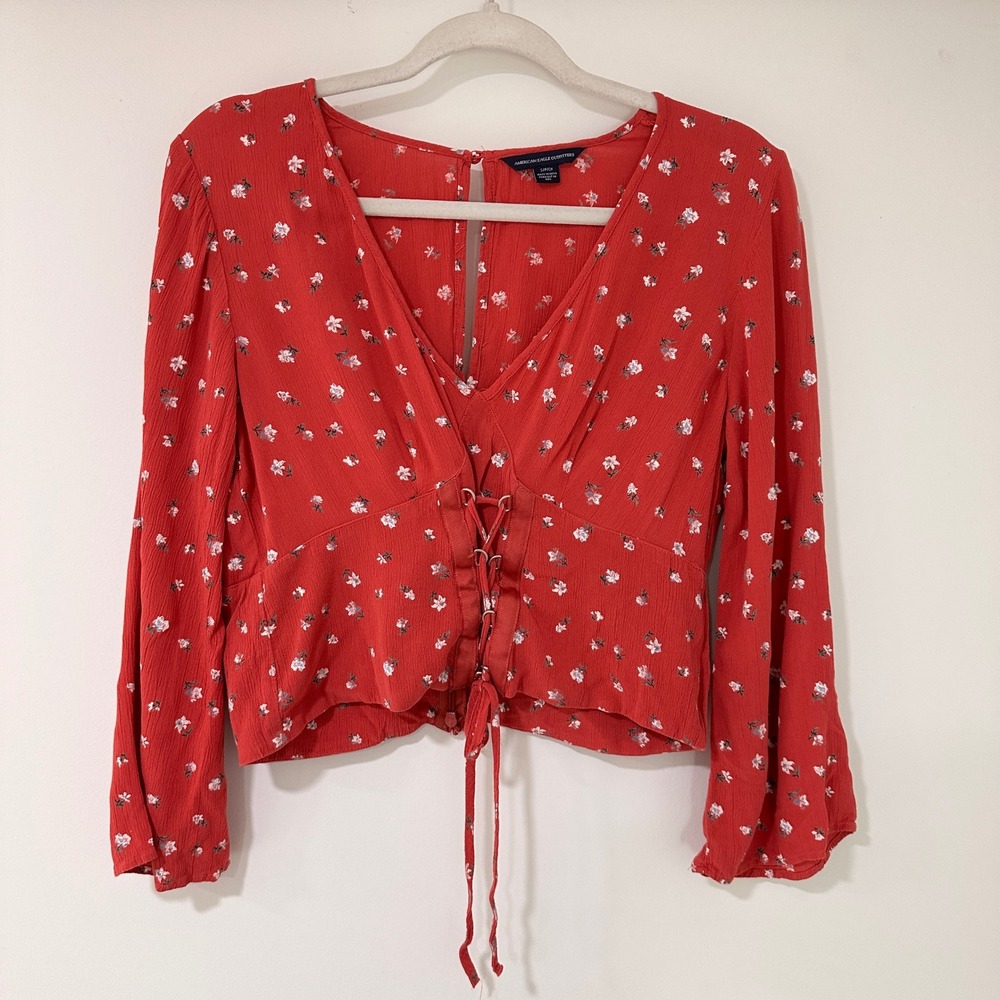 American Eagle Floral Lace Up Corset Blouse Women Small Red Bell Sleeve | Boho
